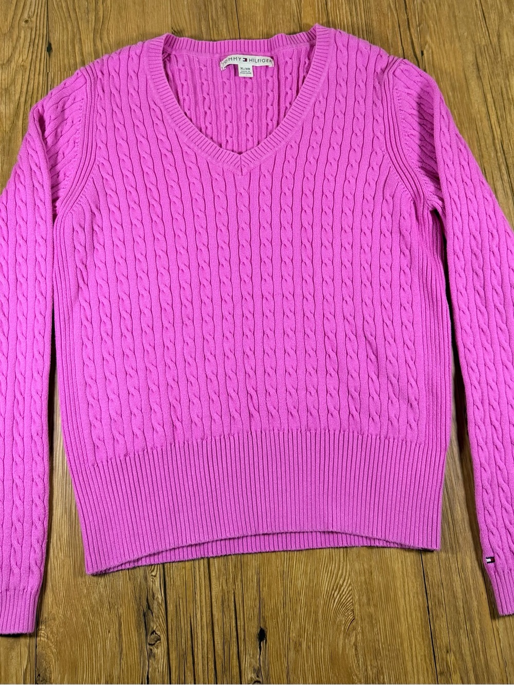 Tommy Hilfiger Womens XL Pink Cable Knit V Neck Sweater Cotton Vintage 90s